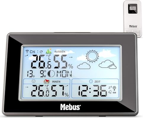 Mebus Stazione meteo radiocomandata con sensore esterno, termometro/igrometro, orologio radio, indicatore di benessere valutato clima ambiente, previsioni meteo, calendario lunare, sveglia, colore: