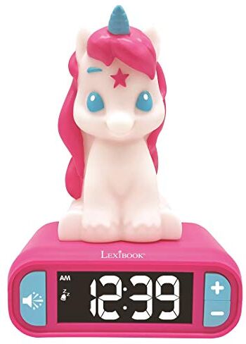 Lexibook - Luce notturna per bambini, luminosa, effetti sonori unicorno, orologio, sveglia per ragazze, Snooze, colore rosa,