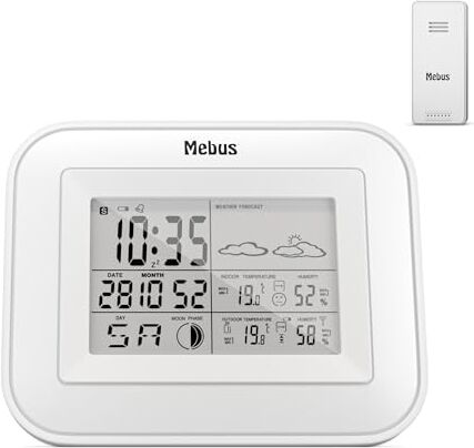 Mebus Funk-Wetterstation mit Außensensor, Komfortindikator, Temperatur, Luftfeuchtigkeit (innen und außen), Raumthermometer, Wettervorhersage, Mondphasen, Farbe: Weiß, Modell: