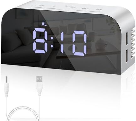 Vinabo Sveglie da Comodino Digitale, Orologio Digitale a Specchio a LED Sveglia da Comodino Sveglia Mattina, 12/24 Ore, con 2 Porte di Ricarica USB, Decorazione Moderna Casa o Camera Letto