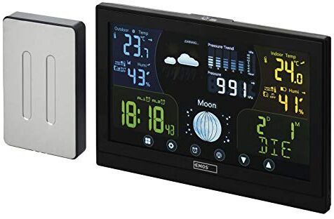 Emos Stazione meteorologica radio con sensore esterno e display touchscreen a colori + alimentatore, 13 funzioni: termometro, igrometro, barometro, previsioni meteo, orologio radiocontrollato