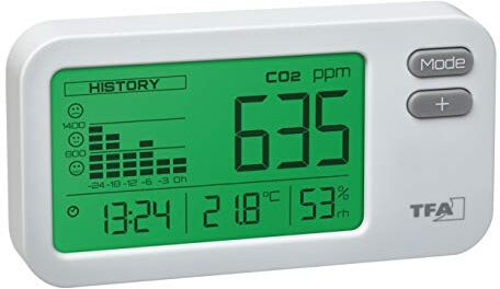 TFA Dostmann Monitor CO2 AIRCO2NTROL COACH, , con grafica 24 ore, visualizzazione di ora, temperatura, umidità, incluso cavo micro-USB, concentrazione di CO2, sensore a doppio raggio, bianco