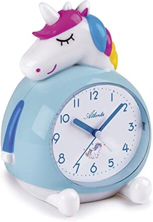 Atlanta Sveglia per bambini senza ticchettio, motivo: unicorno, con luce musicale, colore: blu, 17 cm