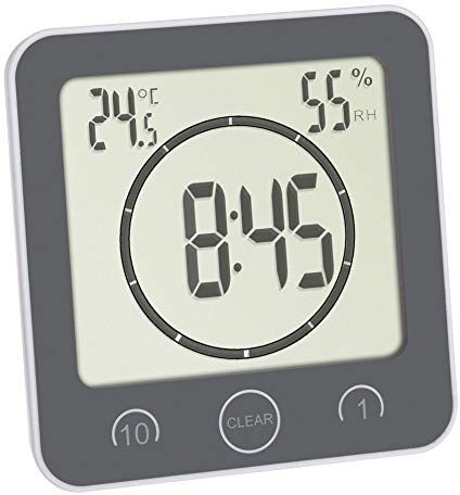 TFA Dostmann Orologio da bagno/cucina con timer, , fissaggio senza foratura, tempo fino a 99 minuti, resistente agli spruzzi, incl. termoigrometro, grigio, (L) 106 x (L) 41 (52) x (H) 109 mm