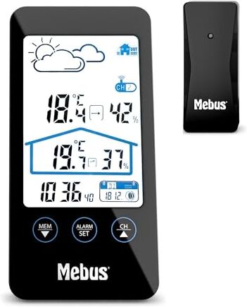 Mebus Wetterstation mit Außensensor, zeigt Temperatur und Luftfeuchtigkeit innen und außen, mit Wettervorhersage und Mondphasen, Displaybeleuchtung, Wecker/Farbe: Schwarz/Modell: , Höhe: 16 cm