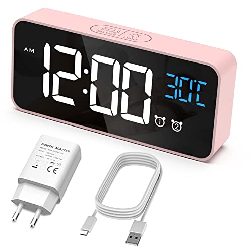 HERMIC Sveglia Digitale, Sveglia da Comodino con Temperatura, Orologio digitale con 2 Allarme, Snooze, 4 Livelli di luminosità, Controllo Vocale, USB Ricaricare, Sistema 12/24 Ore (Rosa)