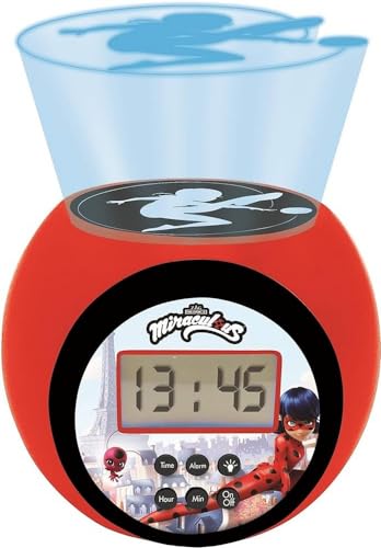 Lexibook , Miraculous Ladybug Chat Noir, Sveglia con proiettore con funzione snooze, luce notturna con timer, schermo LCD, a batteria, rosso/nero,