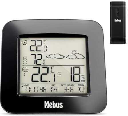 Mebus Funk-Wetterstation mit Außensensor Thermometer Hygrometer Wettervorhersage Mondphasen Wettertrend, Alarm mit Weckwiederholung, Kalender/Material: Kunststoff/Farbe: Schwarz/Modell: