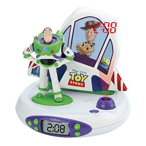 Lexibook Disney Toy Story Buzz & Woody Radiosveglia con proiettore, luce notturna, prejettare l'ora sul soffito, effeti sonori, funziona a batterie, Bianco/Verde,