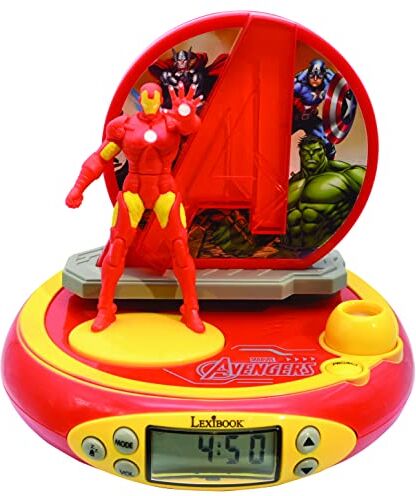 Lexibook Marvel Avengers Vendicatori Iron Man Radiosveglia con proiettore, Luce notturna integrata, proiezione del tempo sul soffitto, effetti sonori, funzionamento a batteria, Rosso/Giallo, RP510AV