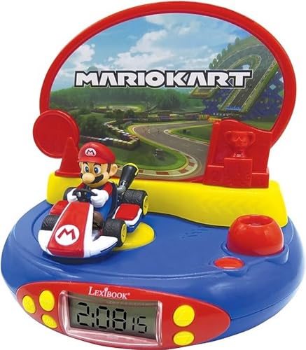 Lexibook Sveglia con Proiettore Mario Kart per Bambini Nintendo Con luce notturna e proiezione del tempo sul soffitto, effetti sonori, ragazzi, ragazze, blu/rosso