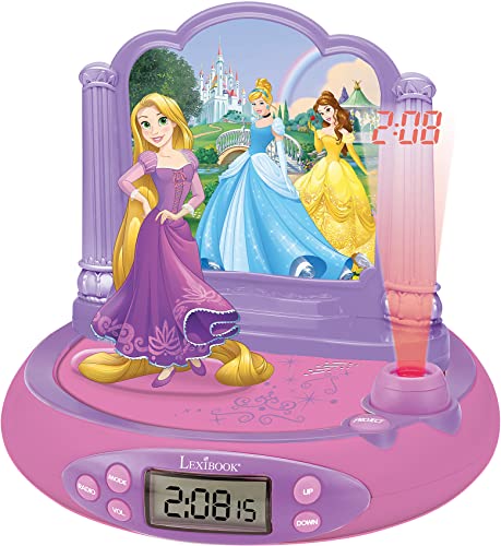 Lexibook Disney Principessa Rapunzel Radiosveglia con proiettore, Luce notturna integrata, proiezione del tempo sul soffitto, effetti sonori, funzionamento a batteria, Rosa/Viola, RP515DP