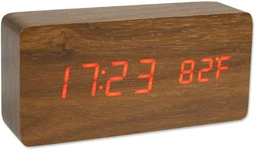 AntDau71 Sveglia Orologio Digitale da comodino ad effetto Legno Display a Led Multifunzione Con Indicazione Di Ora, Data, Temperatura E Comando Vocale Per I Viaggi In Ufficio (MARRONE)