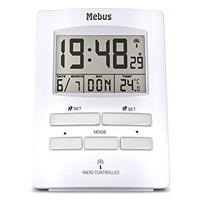 Mebus digitaler Funk-Wecker mit Temperaturanzeige, Zwei Weckzeiten und Kalender, Funkuhr/Material: Kunststoff/Farbe: Weiß/Modell: Mebus digitaler Funk-Wecker mit Temperaturanzeige, Zwei Weckzeiten und Kalender, Funkuhr/Material: Kunststoff/Farbe: Weiß/Modell: