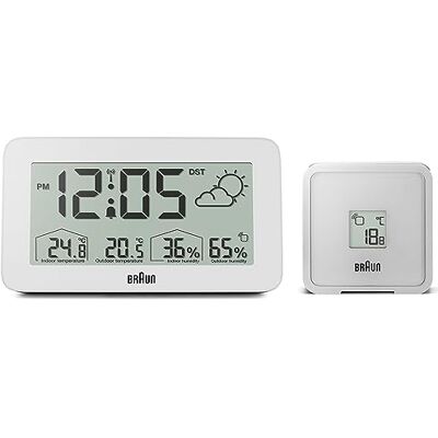 Braun Orologio digitale radiocontrollato con stazione meteo per il fuso orario dell'Europa centrale (DCF) con temperatura e umidità, previsioni, sveglia, bianco, modello BC13WP-DCF. Braun Orologio digitale radiocontrollato con stazione meteo per il fuso orario dell'Europa centrale (DCF) con temperatura e umidità, previsioni, sveglia, bianco, modello BC13WP-DCF.