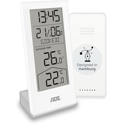ADE Stazione meteo digitale con sensore esterno termometro per temperatura interna ed esterna orologio e calendario radiocontrollato con giorno della settimana batterie incluse bianco ADE Stazione meteo digitale con sensore esterno termometro per temperatura interna ed esterna orologio e calendario radiocontrollato con giorno della settimana batterie incluse bianco
