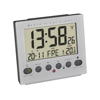 TFA Dostmann Sveglia radiocontrollata digitale, , illuminazione notturna automatica, da comodino, temperatura, data e girono della settimana, grigia TFA Dostmann Sveglia radiocontrollata digitale, , illuminazione notturna automatica, da comodino, temperatura, data e girono della settimana, grigia