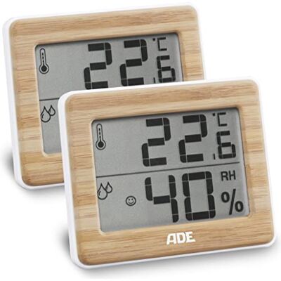 ADE Termoigrometro Digitale Termometro con Indicazione Precisa della Temperatura Igrometro per l'Umidità e Indicatore della Zona Comfort Display LCD Bambù 2 Pezzi ADE Termoigrometro Digitale Termometro con Indicazione Precisa della Temperatura Igrometro per l'Umidità e Indicatore della Zona Comfort Display LCD Bambù 2 Pezzi