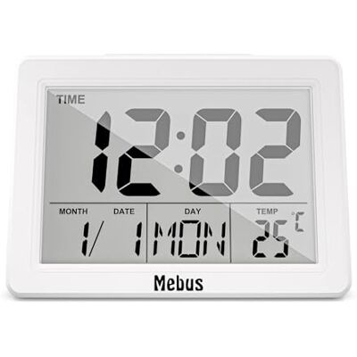 Mebus Digital-Wecker mit extra großem Display und Temperaturanzeige, gut lesbar, Wecker, Snooze, Displaybeleuchtung per Knopfdruck/Klatschen/Schnipsen, Datum, Farbe: Weiß, Modell: Mebus Digital-Wecker mit extra großem Display und Temperaturanzeige, gut lesbar, Wecker, Snooze, Displaybeleuchtung per Knopfdruck/Klatschen/Schnipsen, Datum, Farbe: Weiß, Modell: