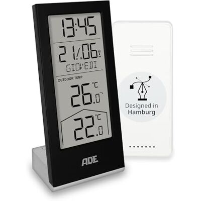 ADE Stazione meteorologica digitale con sensore esterno termometro per temperatura interna ed esterna orologio e calendario radiocontrollato con giorno della settimana batterie incluse nero ADE Stazione meteorologica digitale con sensore esterno termometro per temperatura interna ed esterna orologio e calendario radiocontrollato con giorno della settimana batterie incluse nero