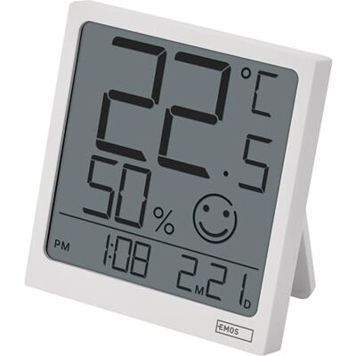 EMOS Termometro digitale da ambiente e igrometro con visualizzazione orologio e data da montare/appendere – Display LCD con indicatore di batteria scarica e simbolo di comfort – per interni – batteria EMOS Termometro digitale da ambiente e igrometro con visualizzazione orologio e data da montare/appendere – Display LCD con indicatore di batteria scarica e simbolo di comfort – per interni – batteria
