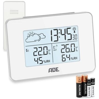 ADE Stazione meteo Digitale con Sensore Esterno Termometro Digitale Ambiente Interno Esterno Igrometro Umidità Sveglia Display a LED illuminato bianca ADE Stazione meteo Digitale con Sensore Esterno Termometro Digitale Ambiente Interno Esterno Igrometro Umidità Sveglia Display a LED illuminato bianca