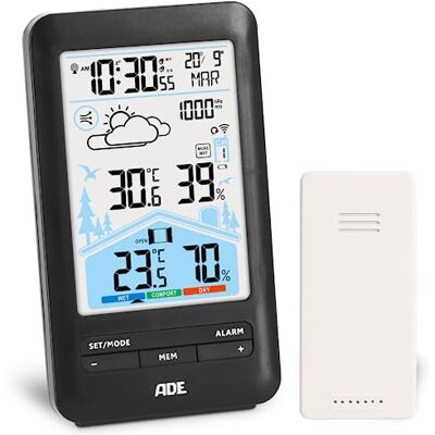 ADE Stazione meteo Digitale con Sensore Esterno Wireless Qualita Aria Monitoraggio Ventilazione Consigliata Termometro Igrometro Sveglia con doppio allarme nero ADE Stazione meteo Digitale con Sensore Esterno Wireless Qualita Aria Monitoraggio Ventilazione Consigliata Termometro Igrometro Sveglia con doppio allarme nero