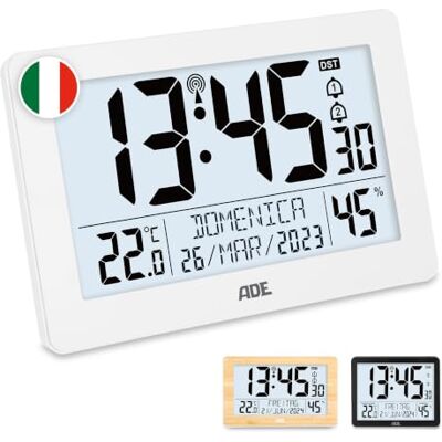 ADE Orologio digitale da tavolo o parete con due orari di sveglia Grandi numeri Calendario Termometro, igrometro illuminazione radiocontrollata segnale orario DCF bianco ADE Orologio digitale da tavolo o parete con due orari di sveglia Grandi numeri Calendario Termometro, igrometro illuminazione radiocontrollata segnale orario DCF bianco