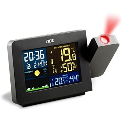 ADE Stazione meteo con sensore esterno a proiezione e wireless termometro, igrometro, indicatore del clima interno display LCD illuminato radiosveglia con segnale orario DCF e calendario nero ADE Stazione meteo con sensore esterno a proiezione e wireless termometro, igrometro, indicatore del clima interno display LCD illuminato radiosveglia con segnale orario DCF e calendario nero