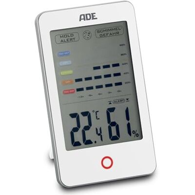 ADE Igrometro digitale con allarme muffa Termometro con visualizzazione precisa della temperatura Umidità con cronologia di 12 ore Ampio display LCD Funzionamento a batteria Bianco ADE Igrometro digitale con allarme muffa Termometro con visualizzazione precisa della temperatura Umidità con cronologia di 12 ore Ampio display LCD Funzionamento a batteria Bianco