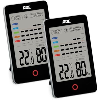 ADE Igrometro digitale con allarme muffa Termometro con visualizzazione precisa della temperatura Umidità con cronologia di 12 ore Ampio display LCD con batteria Nero Confezione doppia ADE Igrometro digitale con allarme muffa Termometro con visualizzazione precisa della temperatura Umidità con cronologia di 12 ore Ampio display LCD con batteria Nero Confezione doppia