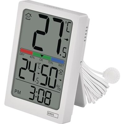 EMOS Termometro digitale e igrometro con sensore di cavo da 1,9 m tendenza di temperatura e umidità, visualizzazione comfort, ora con funzione sveglia funzionamento a batteria (2 x AAA) bianco EMOS Termometro digitale e igrometro con sensore di cavo da 1,9 m tendenza di temperatura e umidità, visualizzazione comfort, ora con funzione sveglia funzionamento a batteria (2 x AAA) bianco