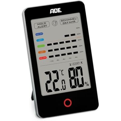 ADE Igrometro digitale con allarme muffa Termometro con visualizzazione precisa della temperatura Umidità con cronologia di 12 ore Ampio display LCD Funzionamento a batteria Nero ADE Igrometro digitale con allarme muffa Termometro con visualizzazione precisa della temperatura Umidità con cronologia di 12 ore Ampio display LCD Funzionamento a batteria Nero