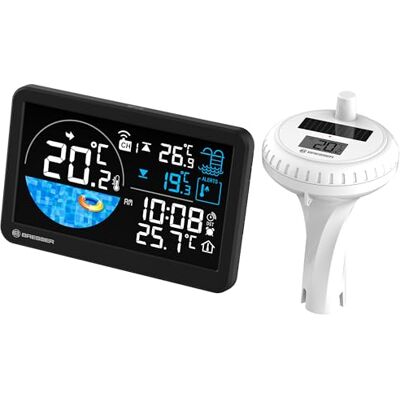 BRESSER Termometro Piscina Wireless con Sensore Solare e Allarme Temperatura acqua e ambiente, portata 80 m, IPX7, intervallo meno 40 a 70 °C, orologio DCF, sveglia, display sensore BRESSER Termometro Piscina Wireless con Sensore Solare e Allarme Temperatura acqua e ambiente, portata 80 m, IPX7, intervallo meno 40 a 70 °C, orologio DCF, sveglia, display sensore