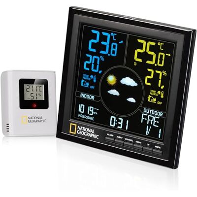 NATIONAL GEOGRAPHIC Bresser 9070600 Stazione meteo radio con sensore esterno, schermo VA a colori, nero NATIONAL GEOGRAPHIC Bresser 9070600 Stazione meteo radio con sensore esterno, schermo VA a colori, nero