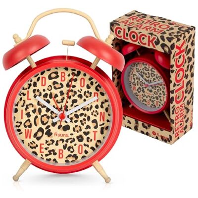 Fisura – Sveglia analogica senza ticchettio in metallo con luce LED notturna, stampa leopardata rossa e messaggio “better late than ugly”. 11,7x5,5x16 cm, funziona con 1 pila AA non inclusa Fisura – Sveglia analogica senza ticchettio in metallo con luce LED notturna, stampa leopardata rossa e messaggio “better late than ugly”. 11,7x5,5x16 cm, funziona con 1 pila AA non inclusa