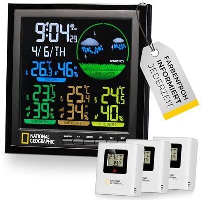 NATIONAL GEOGRAPHIC 9070700 Stazione meteorologica con sensore da esterno, schermo VA a colori con 4 intervalli di misurazione per ambienti interni o esterni, nero NATIONAL GEOGRAPHIC 9070700 Stazione meteorologica con sensore da esterno, schermo VA a colori con 4 intervalli di misurazione per ambienti interni o esterni, nero