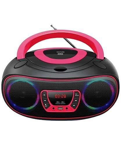 Denver Lettore CD Portatile con Bluetooth TCL-212BT Rosa. Boombox. FM Radio. Volume 2x2W. Ingresso USB, AUX e per Cuffie. Effetto luci.