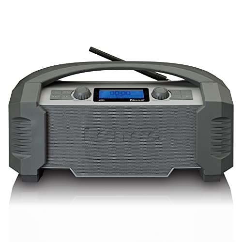 Lenco ODR-159 Radio da cantiere Dab+ Bluetooth 5.0, ricevitore FM IP54, impermeabile 15 W Batteria RMS con caricatore AUX-in USB 5000 mAh Grigio