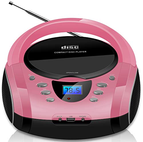 Cyberlux Boombox portatile, lettore CD/CD-R, USB, radio FM, ingresso AUX, jack per cuffie, impianto stereo compatto, colore: rosa (Pretty Pink)