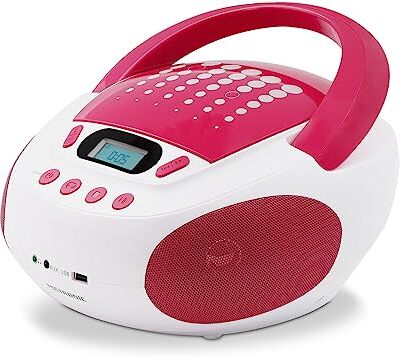 Metronic Lettore CD per bambini MP3 Pop Pink con porta USB di alimentazione elettrica o batterie, bianco e rosa