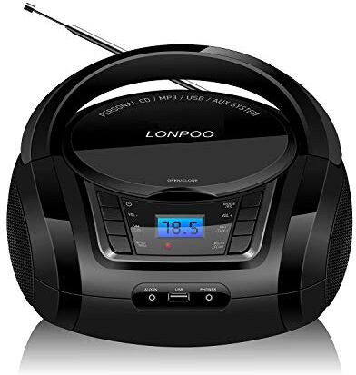 LONPOO Lettore CD Portatile,  Radio Portatili Boombox Stereo Bluetooth Portatile con Altoparlanti Integrati, Ingresso USB, Ingresso AUX, Uscita Cuffie