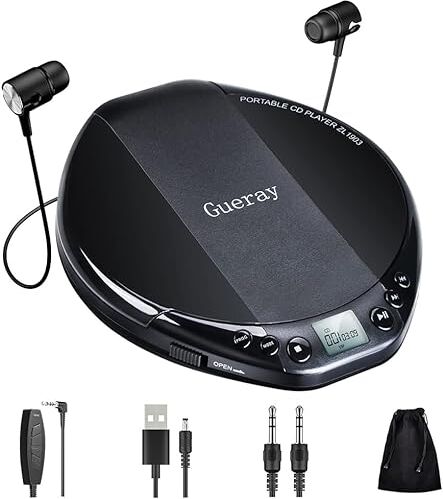 Gueray Lettore CD Portatile Compact Disc Player con Cuffie Aggiornamento Personal CD Music Disc Walkman Player (Nero lettore cd)