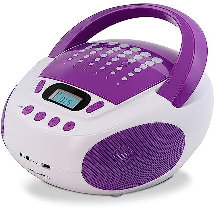 Metronic Lettore CD per bambini MP3 Pop Purple con porta USB di alimentazione elettrica o batterie bianco e viola