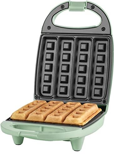 Petra PT4693BLNVDE Macchina per waffle elettrici per Stick macchina per il trattamento friggitrice compatta, piastra antiaderente da 12,5 cm, circa Preriscaldamento di 2 minuti, 550 W, blu pastello