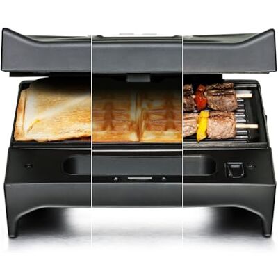 Rommelsbacher Multi Toast & Grill "Max", 3 piastre intercambiabili antiaderenti per sandwich, waffle belghe, grigliate, 700 Watt, nero/acciaio inox Rommelsbacher Multi Toast & Grill "Max", 3 piastre intercambiabili antiaderenti per sandwich, waffle belghe, grigliate, 700 Watt, nero/acciaio inox