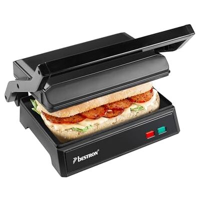 Bestron Griglia elettrica a contatto con vassoio di raccolta, sandwich maker con manico cool touch e apertura a 700°, con rivestimento antiaderente, modello per principianti, APM123Z, colore: nero Bestron Griglia elettrica a contatto con vassoio di raccolta, sandwich maker con manico cool touch e apertura a 700°, con rivestimento antiaderente, modello per principianti, APM123Z, colore: nero