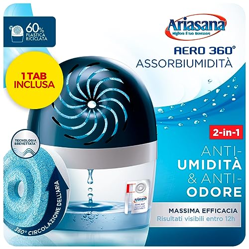 Ariasana Aero 360° kit Assorbiumidità (1 Dispositivo incl. 1 Ricarica Tab 450g), Deumidificatore non Elettrico e Riciclabile, Assorbi Umidità contro Condensa e Muffa