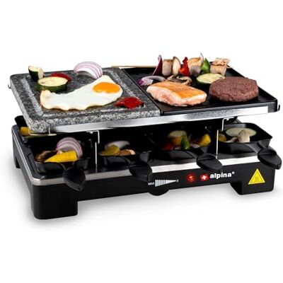 alpina Raclette Set di 8 padelle, 8 spatole, 1200-1400 Watt, termostato alpina Raclette Set di 8 padelle, 8 spatole, 1200-1400 Watt, termostato