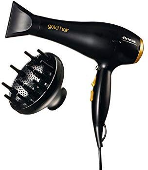 Ariete Asciugacapelli Professionale Gold Hair, Motore Ac, Funzione Ionica Anti Crespo, Pulsante per Aria Fredda, Diffusore, Beccuccio Sottile, 2000 W, Nero